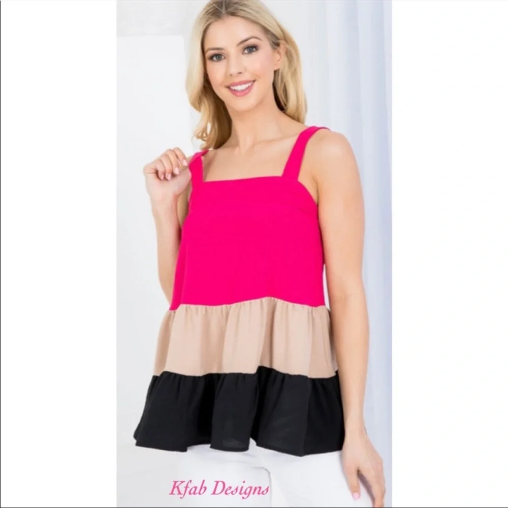 ❤️LAST 1! Fuchsia Square Neckline Tiered Ruffle Color Block Top! - Picture 6 of 7